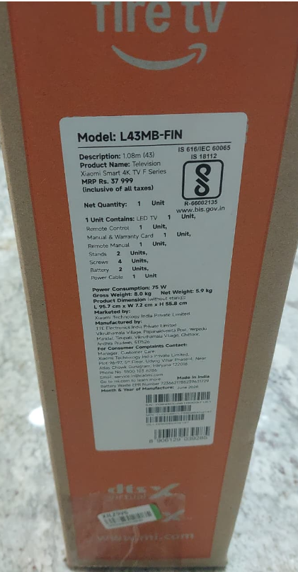 Xiaomi F Series 43"  Inches 4K Model No: L43MB-FIN
